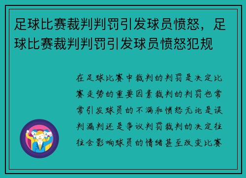足球比赛裁判判罚引发球员愤怒，足球比赛裁判判罚引发球员愤怒犯规